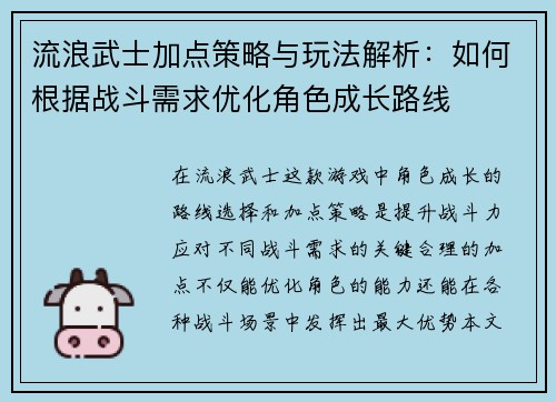 流浪武士加点策略与玩法解析：如何根据战斗需求优化角色成长路线